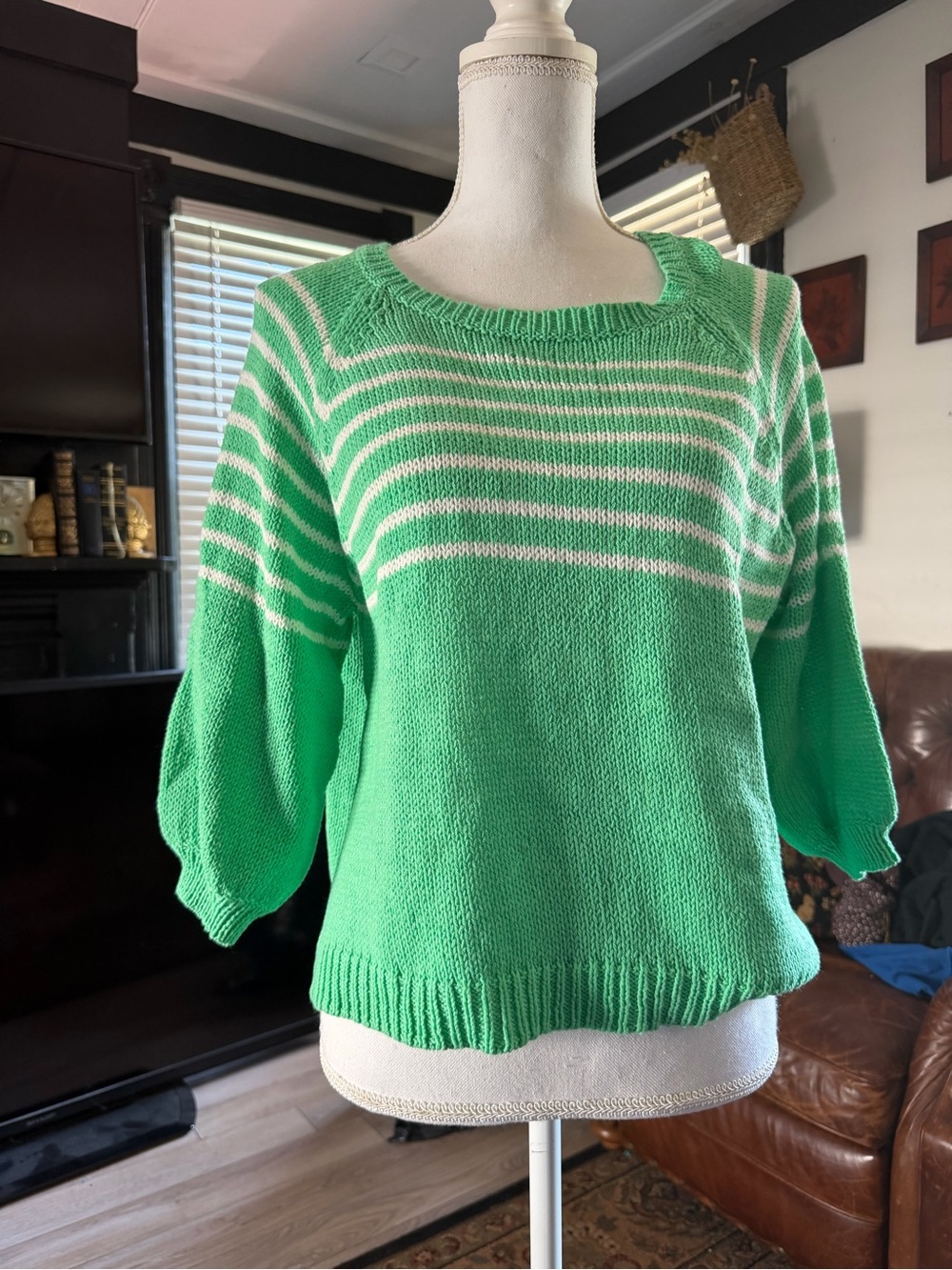 Wooden Ships Green and White Striped Scoop-Neck cotton blend Sweater